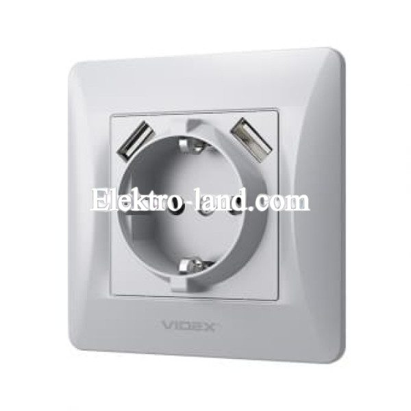 Розетка одинарная с заземлением и 2USB серебряный шелк Videx Binera 
